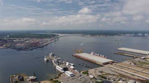 Norfolk Virginia Aerial Panning birdseye of shipyard and river 10/17