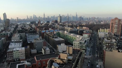 Brooklyn, New York / USA - January 1, 2018 : Aerial of Williamsburg Brooklyn, surrounding neighborhoods and NYC Skyline. 
