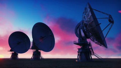 Large Array Radio Telescope. Time-lapse of a radio telescope in desert at sunrise. Looped realistic animation.