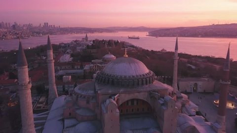 Istanbul Hagia Sophia and Church of Hagia Eirene Sunrise Aerial. Istanbul’s most significant symbols, Hagia Sophia, one of the most important masterpieces of world architecture. Panoramic view

