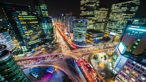 Timelapse Traffic at night in Gangnam City Seoul, South Korea
