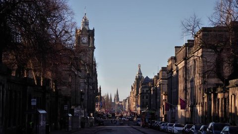 Edinburgh/Scotland - January 1 2019: View looking along Princess St Edinburgh on a winters morning. 
