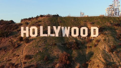 Los Angeles, California, USA - Jan 5 2019: Hollywood Sign Sunset Aerial View Closeup
