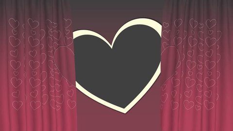 Multicolor deep brown-red color 4K waving digital love Pattern Curtain animated to open light yellow bordered dark gray blank heart shape greeting card for sharing a special custom text message