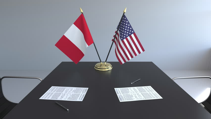Flags of Peru and the United States and papers on the table. Negotiations and signing an international agreement. Conceptual 3D animation