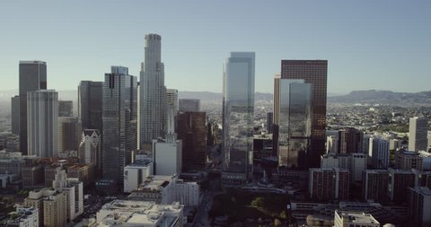 Downtown Los Angeles epic aerial wide shot POV AERIAL view of skyscrapers in city US Bank Building Staples Center Ritz Carlton LA in United States