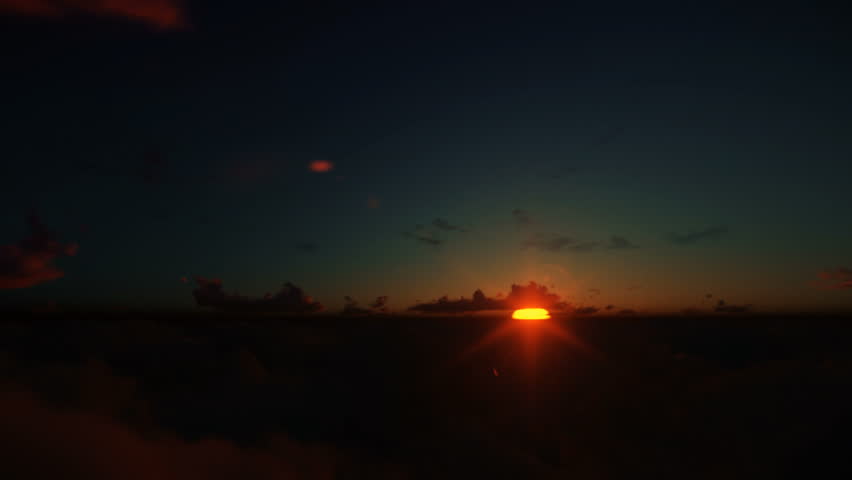 Aircraft flying above clouds against beautiful sunset, 4K