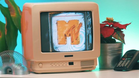 MONTREAL, CANADA - February 2019 : Famous MTV channel intro on a old vintage TV screen 80s 90s style.