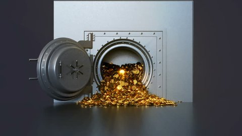 Bank vault door opening revealing a golden coin. 3d rendering.