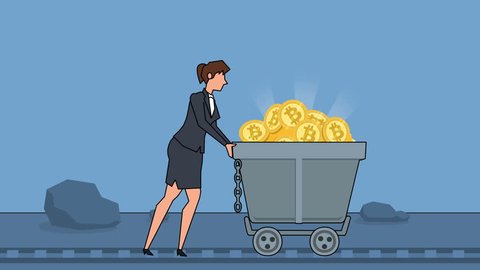 Flat cartoon businesswoman character pushing miners wagon barrow with gold bitcoin coins business concept animation