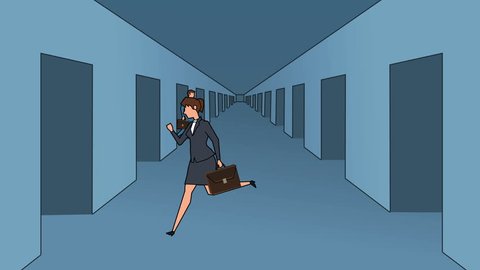 Flat cartoon businessman and businesswoman characters lost runs in tangled maze business concept animation