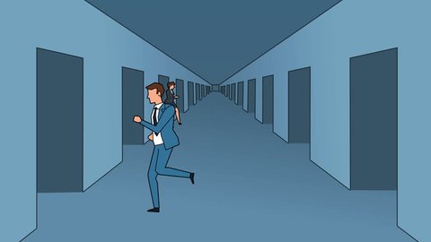 Flat cartoon businessman and businesswoman characters lost runs in tangled maze business concept animation