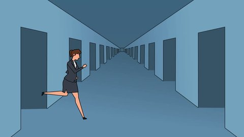 Flat cartoon businesswoman character lost runs in tangled maze business concept animation