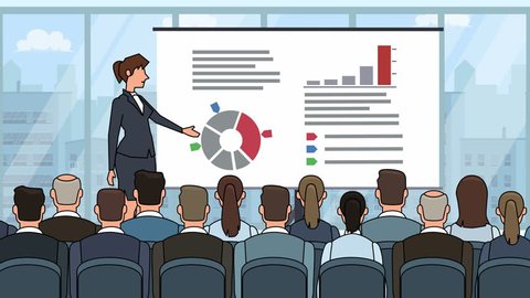 Flat cartoon businesswoman character speaker in conference business meeting near graph board