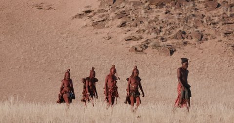 4K view of people from the Himba tribe walking in the Namib Desert,Namibia