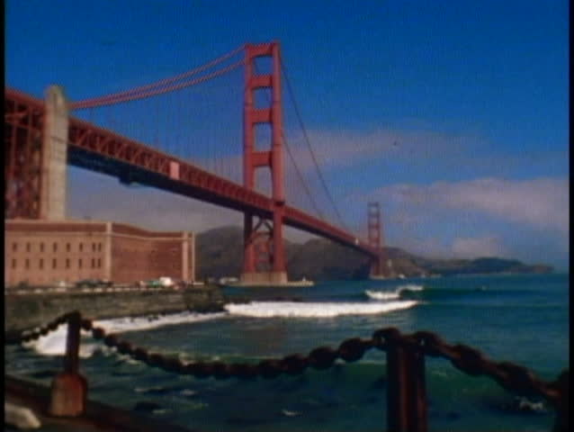 SAN FRANCISCO, CALIFORNIA, 1979, Golden Gate Bridge, iron chain fence and surf