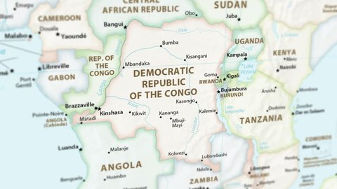 Democratic Republic of the Congo on a political map of the world. Video defocuses showing and hiding the map (4K UHD).