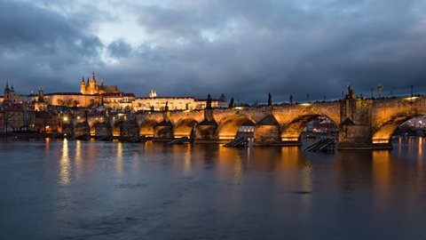 Day to night time lapse of Prague old town and Charles Bridge, Czech Republic