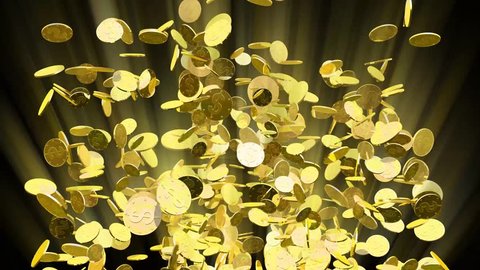 An explosion of gold coins erupting in all directions and falling off screen