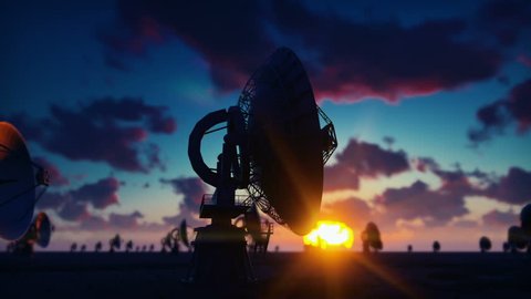 Large Array Radio Telescope. Time-lapse of a radio telescope in desert at sunrise against the blue sky. Looped realistic animation.