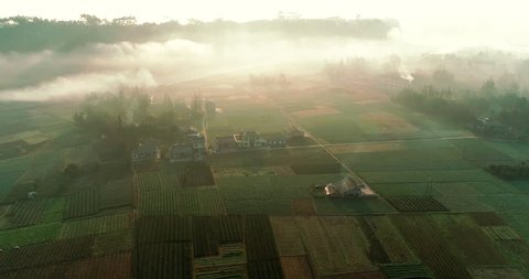 Aerial shot of beautiful Chinese New countryside village in the morning sunlight, with mist floating on the farm land field, around with tea fields, Cooking smoke curls up. Beautiful China 4k clip