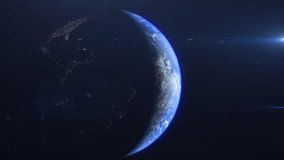 Space view of illuminated side of night and the day side of the Blue planet Earth, Cinematic Anamorphic flares. Great for a documentary on space, sci-fi, and astronomy related videos