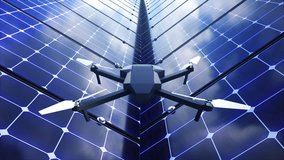 Modern shiny quadcopter among solar panels, 3d rendering background for technology, science showing, computer generated