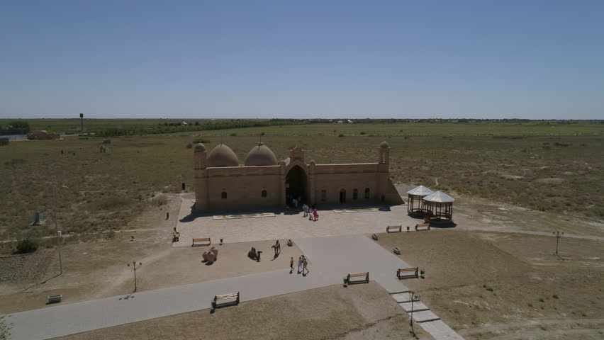 Aerial view of Arystan Bab Mausoleum circa Otrartobe. Near of Turkestan, South Kazakhstan province, Kazakhstan.