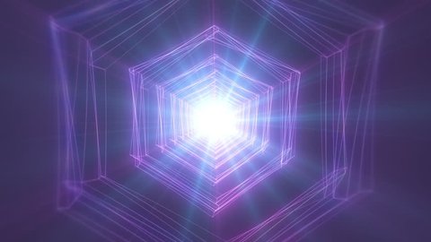 4K Abstract technology neon lines tunnel. pink and violet dots construction. Camera rotates and moves forward towards the white light. Dynamic background for project