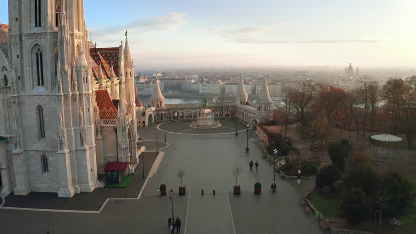 Budapest, Hungary - 4K flying over the famous Fisherman's Bastion towards River Danube with Parliament of Hungary at background Royalty-Free Stock Footage #1024127963