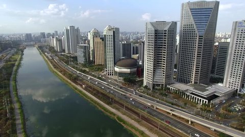 Sao Paulo city, Sao Paulo State / Brazil South America.
07/26/2018
Aerial view of Octavio Frias de Oliveira Bridge and Marginal Pinheiros Avenue.