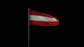 Flag of Austria on flagpole waving on wind, realistic 3d animation on black seamless loop, 20 seconds long (alpha channel is included)