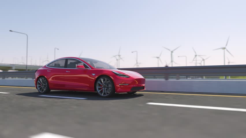 3d animation of an electric car driving on highway - seamless looping - tesla model 3 Royalty-Free Stock Footage #1024171160