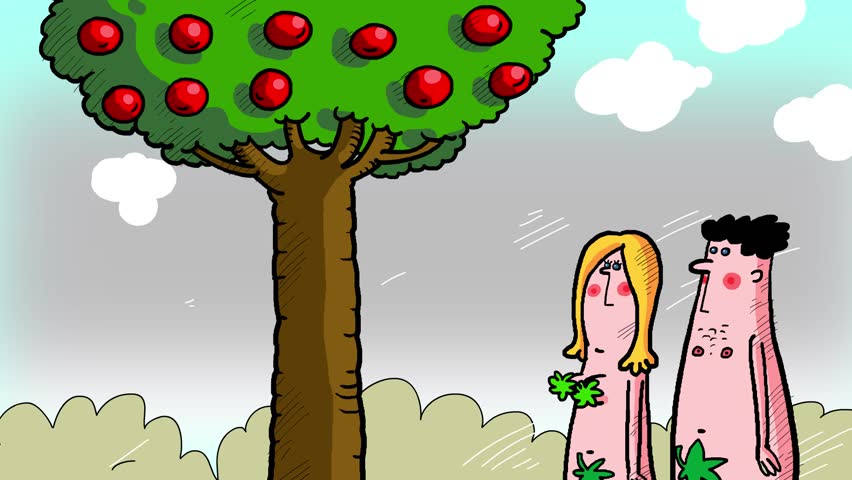 Adam and Eve. Sin apple and serpent. The first man and woman. They are happy in the garden, but want more...