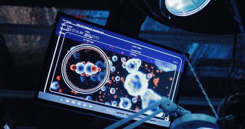 Screen for monitoring the body cells, display with molecules. Technical laboratory.