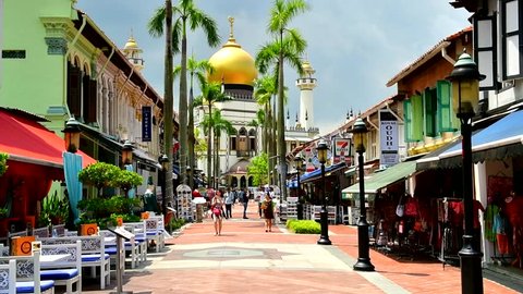 Kampongklam,Singapore - OCT 3, 2017- Street view of the Golden dome of Sultan mosque located in Kampong Glam, shopping street in Rochor district,Singapore.