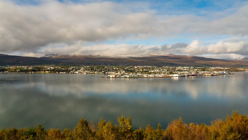 4K Cinematic time lapse of Akureyri, northern Iceland, during autumn afternoon.