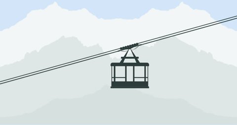 Black silhouette of the cabin cableway. Video design element of the cableway. Abstract cabin on a background of 

mountains. Stock 4k motion animation