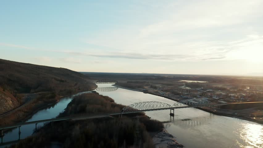 Aerial view of bridge and river in Nenana Alaska