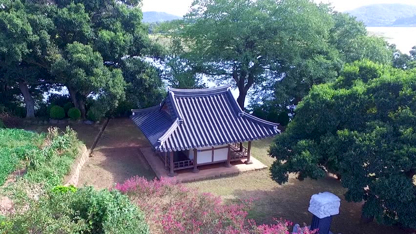 Aerial View of Korean Traditional House Sigyeongjeong Pavillion, Muan, Jeollanamdo, South Korea, Asia
