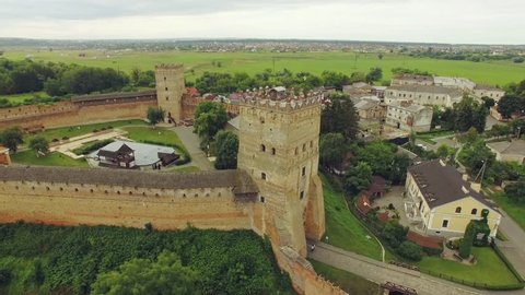 Aerial view. Prince Lubart stone castle, landmark of Lutsk city, Ukraine. 4K