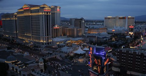 LAS VEGAS, USA - APRIL 28, 2013 Aerial View of Famous Hotel and Casino on Las Vegas Strip Cars Traffic Jam Dusk