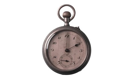 Antique pocket watch, timelapse running backwards, isolated on white background