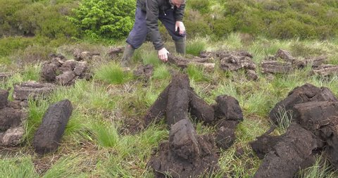 Fitting and Cutting Turf Peat with a spade in a Moss Bog in Ireland
