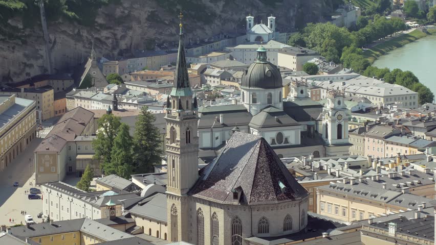 beautiful medieval buildings in baroque architecture in historic centre of Salzburg city, top view