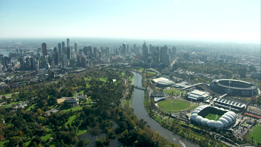 An aerial approach shot towards Melbourne city from south along Yarra River Royalty-Free Stock Footage #10242224