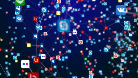 Russia,Moscow17.02.2019 Social network icons connections on the internet.Flying icons of the most popular social media in the world. All logos and trademarks remain property of their respective owners