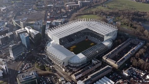 FEBRUARY 5, 2019, Newcastle upon Tyne, UK : Aerial view of St. James Park is the home stadium of Premier League club Newcastle United F.C. It is the seventh largest football stadium in England HD - 4K