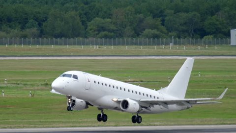 DUSSELDORF, GERMANY - JULY 23, 2017: Eastern Airways Embraer 170 G-CIXW take-off and climb. Dusseldorf airport