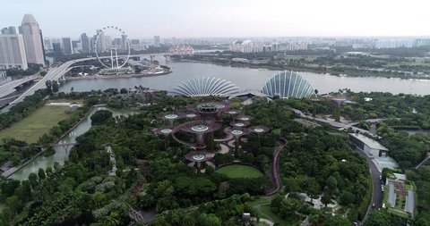 Singapore,Singapore - February 17, 2019 : Aerial view of Garden by the Bay from drone at Marina Bay, Singapore